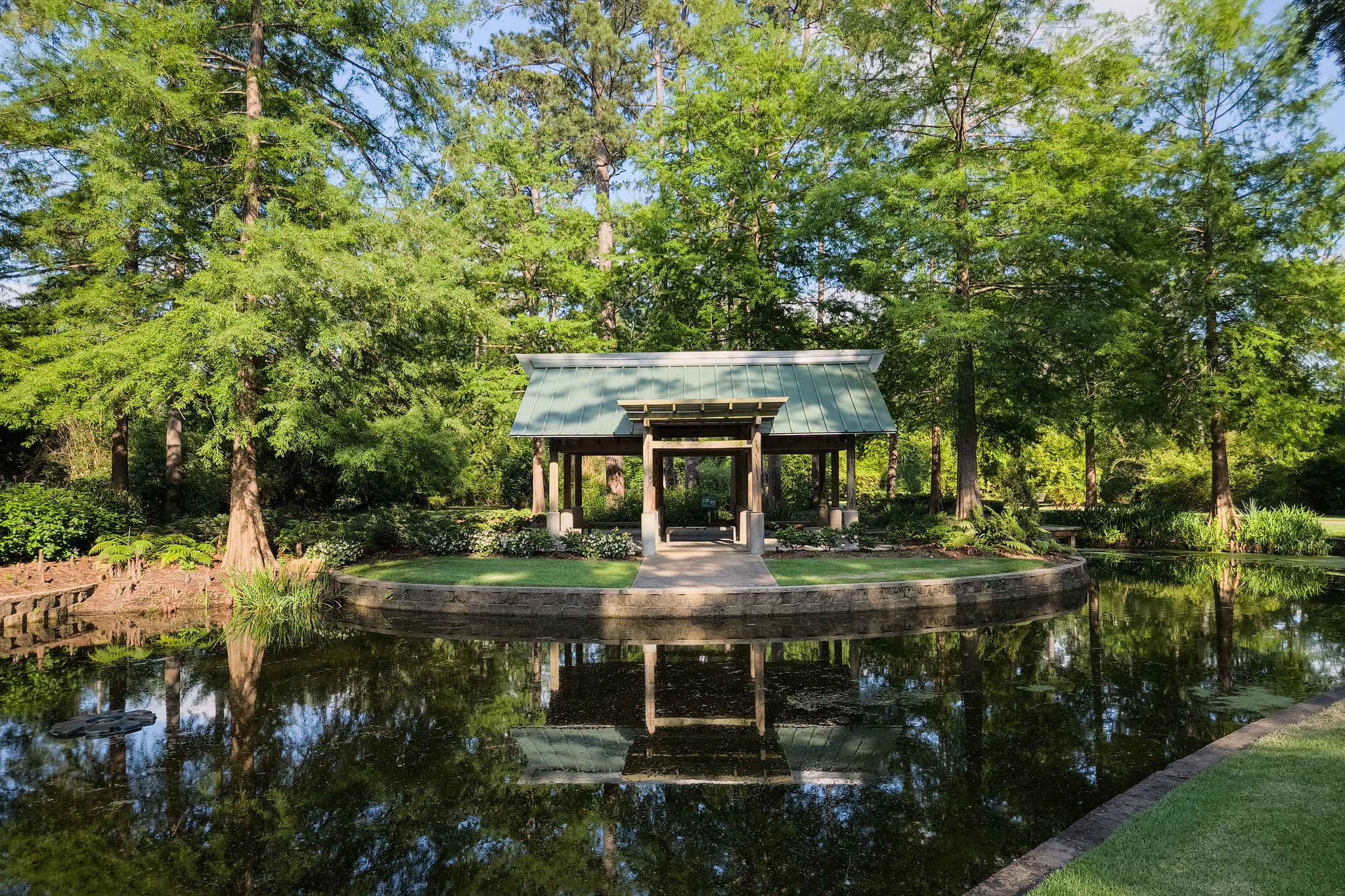 Pond and pavilion at Mercer Botanic Gardens in Spring